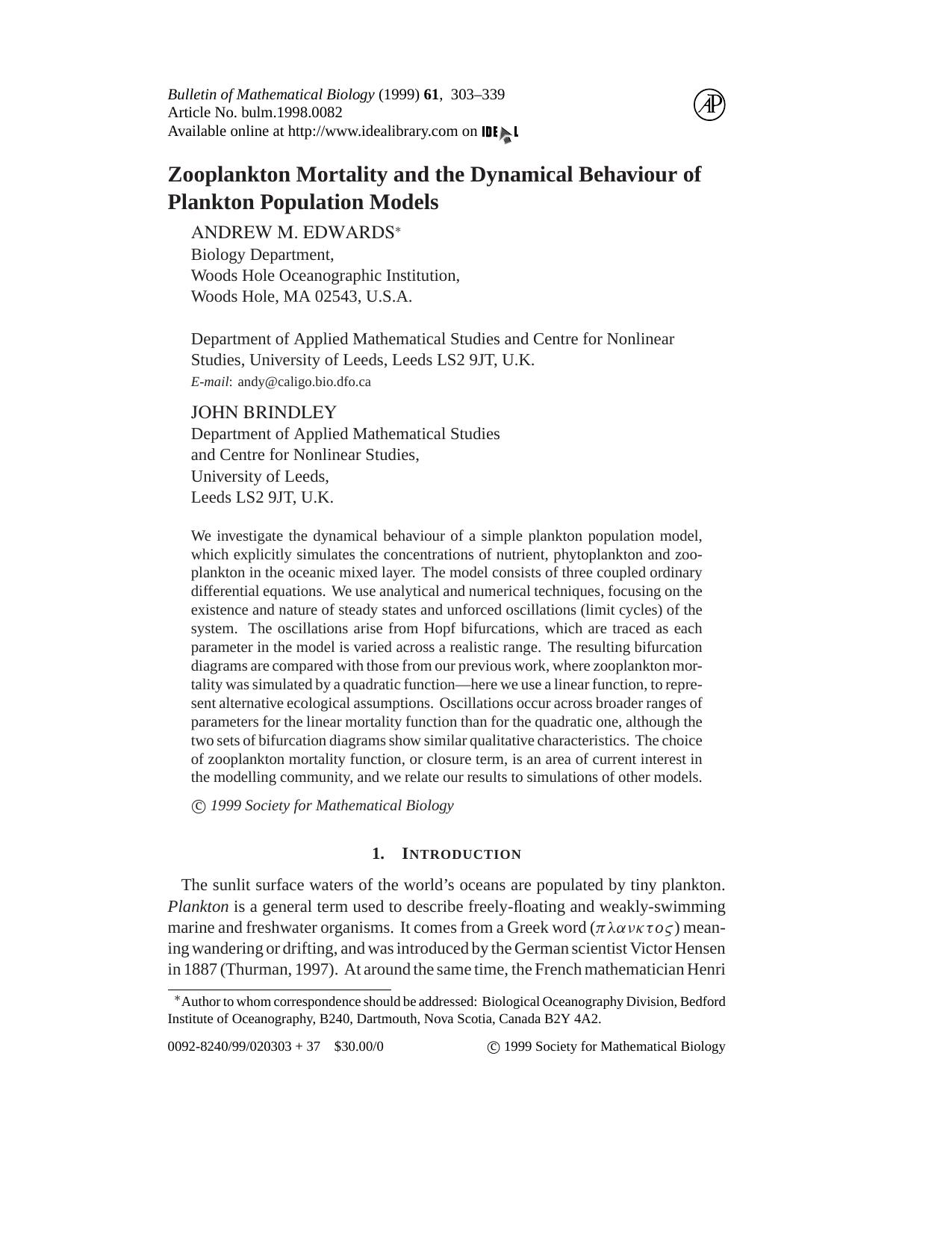 Zooplankton Mortality and the Dynamical Behaviour of Plankton Population Models by Edwards A.M