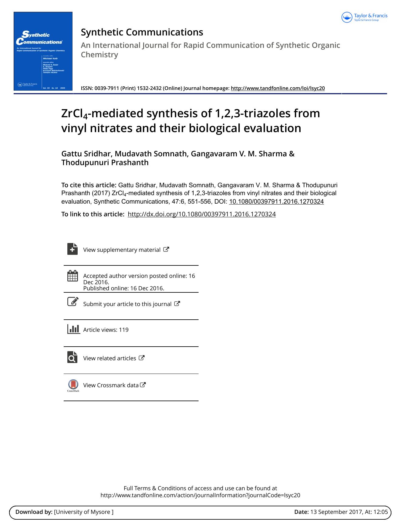 ZrCl4-mediated synthesis of 1,2,3-triazoles from vinyl nitrates and their biological evaluation by Gattu Sridhar