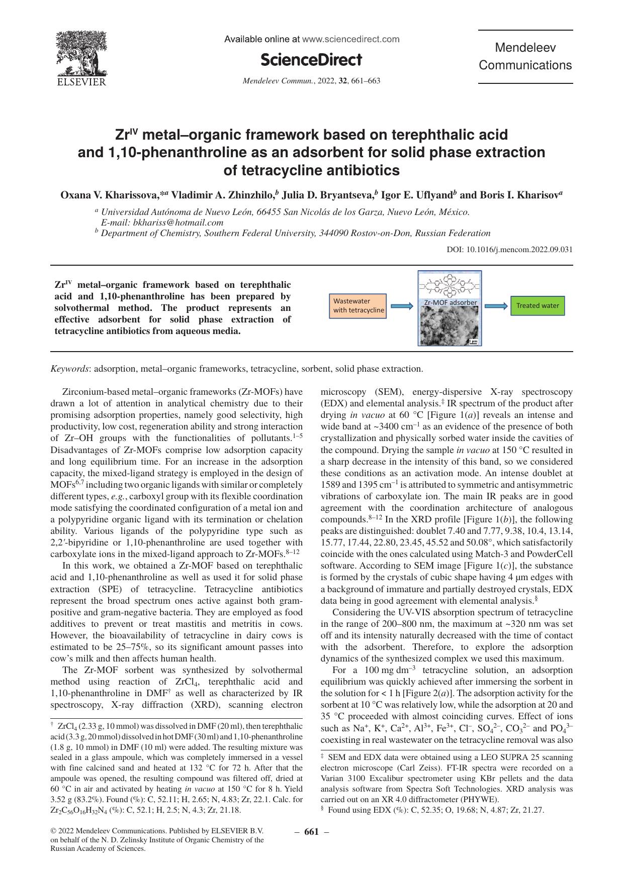 ZrIV metalâorganic framework based on terephthalic acid and 1,10-phenanthroline as an adsorbent for solid phase extraction of tetracycline antibiotics by unknow