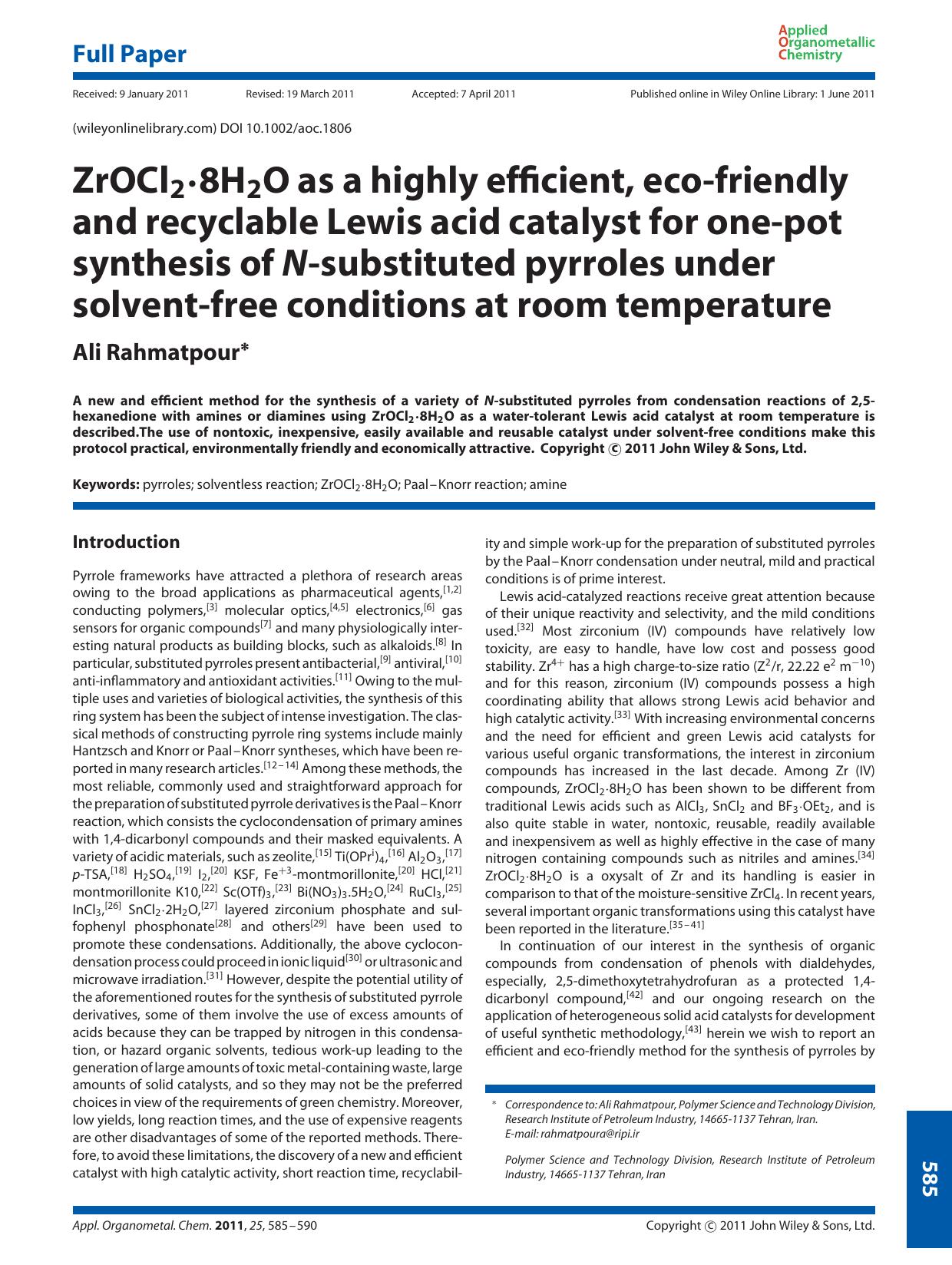 ZrOCl28H2O as a highly efficient, ecofriendly and recyclable Lewis acid catalyst for onepot synthesis of Nsubstituted pyrroles under solventfree conditions at room temperature by Unknown