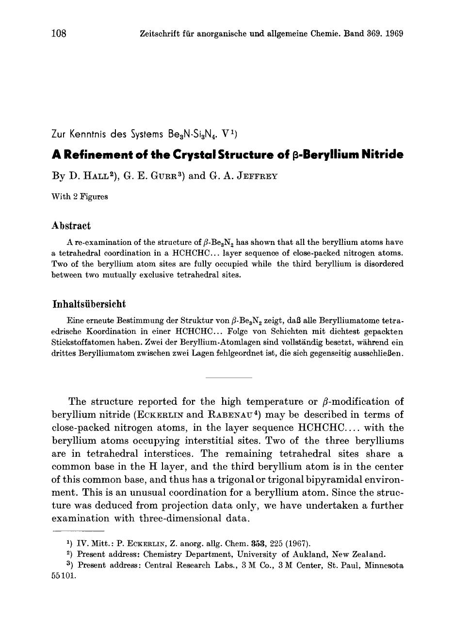 Zur Kenntnis des Systems Be3N-Si3N4. V. A Refinement of the Crystal Structure of [beta]-Beryllium Nitride by Unknown