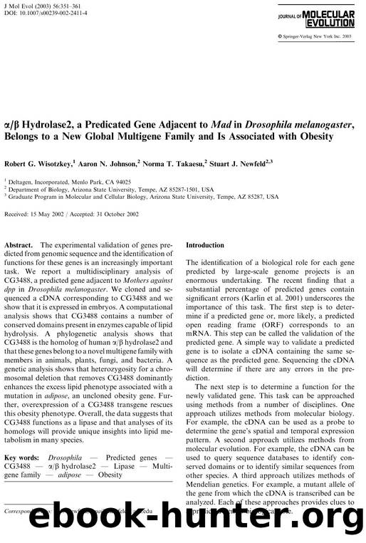 ab Hydrolase2, a Predicated Gene Adjacent to Mad in Drosophila melanogaster, Belongs to a New Global Multigene Family and Is Associated with Obesity by Wisotzkey RG. et al.