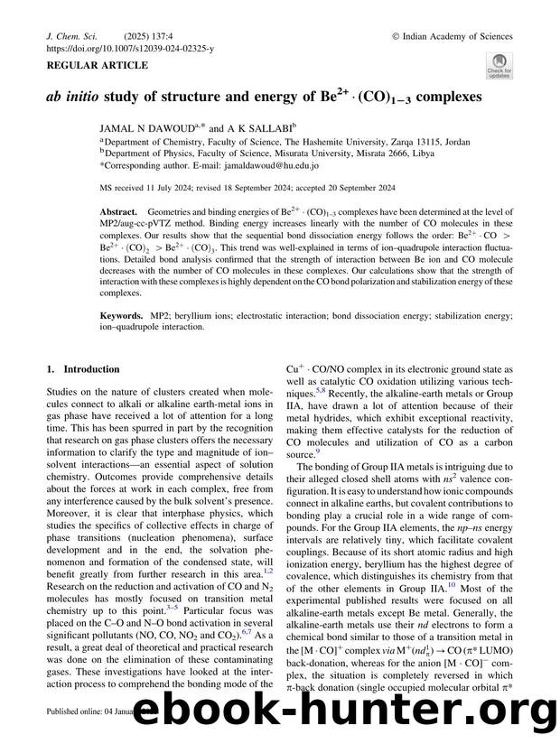 ab initio study of structure and energy of Be2+â(CO)1â3 complexes by Jamal N Dawoud & A K Sallabi