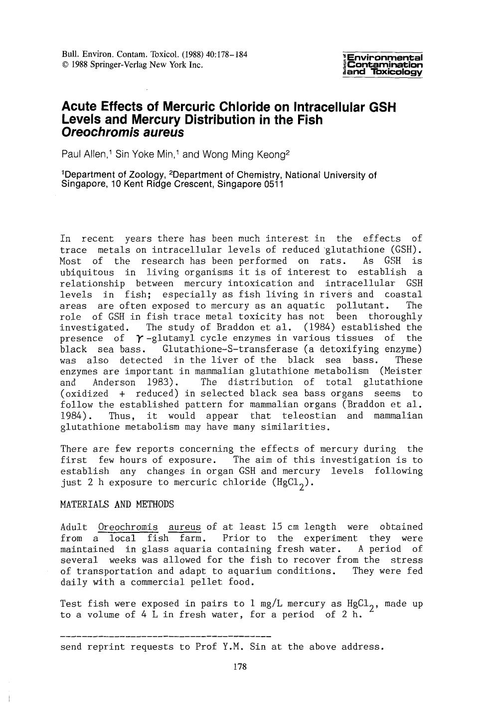 acute effects of mercuric chloride on intracellular GSH levels and mercury distribution in the fish <Emphasis Type="Italic">Oreochromis aureus <Emphasis> by Unknown