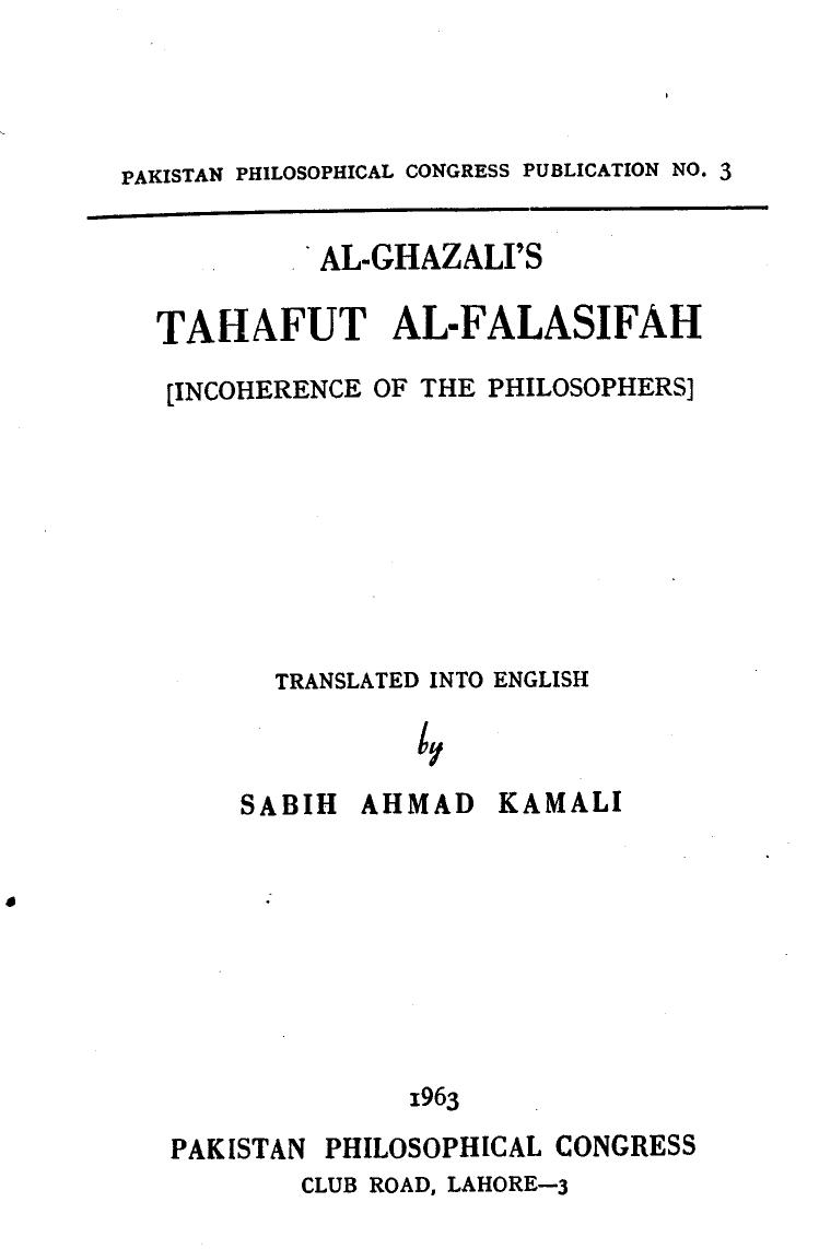 al-Ghazali, Incoherence Of The Philosophers (12Th Century) (137pp) by Unknown