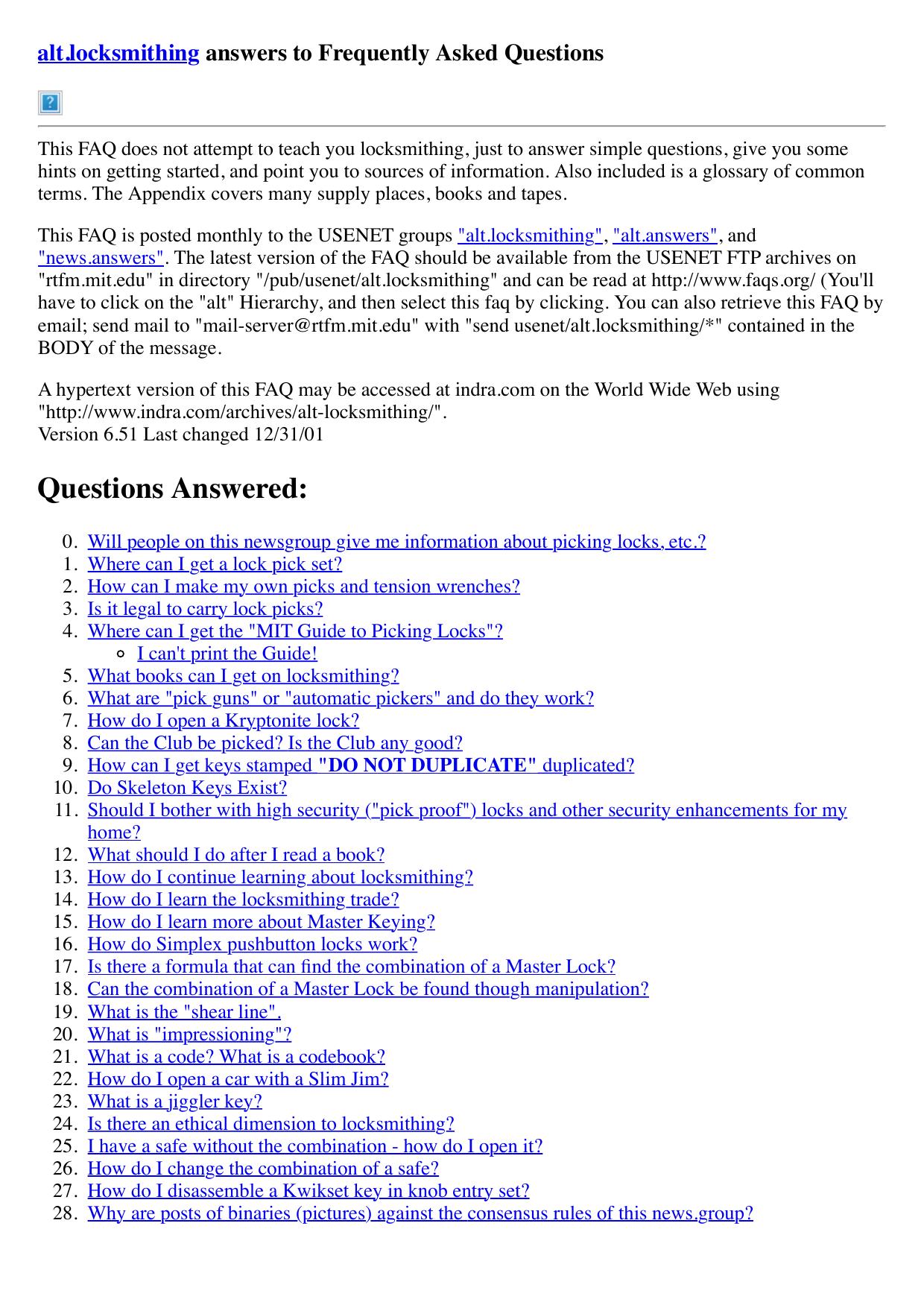 alt.locksmithing answers to Frequently Asked Questions (FAQ) by Srinivasa Ramanujan