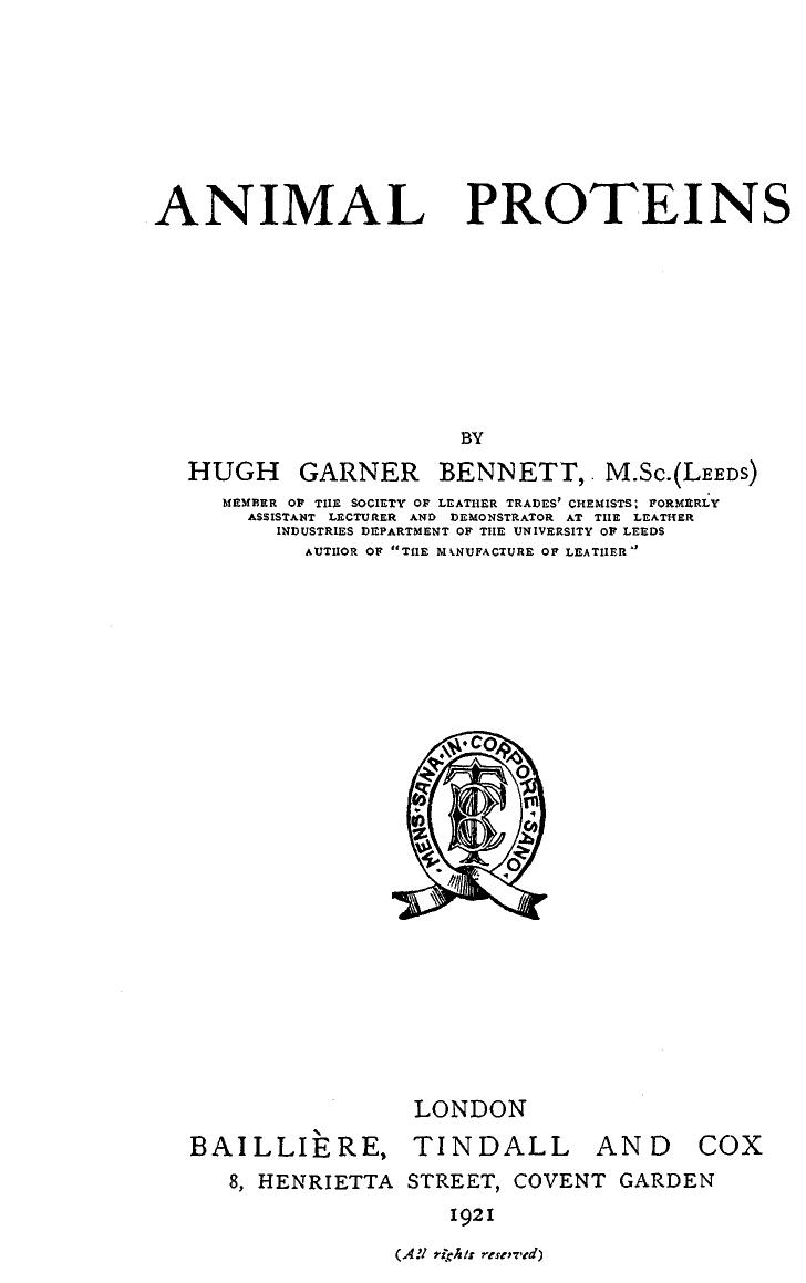 animal proteins by HUGH GARNER BENNETT