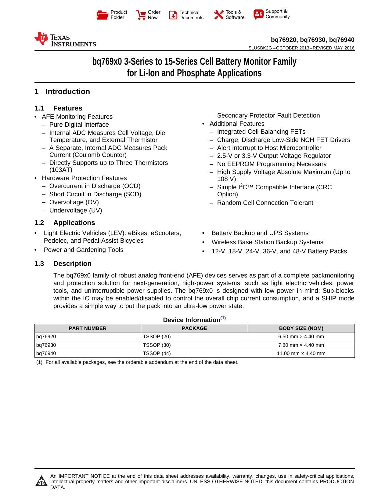 bq769x0 3-Series to 15-Series Cell Battery Monitor Family for Li-Ion and Phospha (Rev. G) by Texas Instruments Incorporated [SLUSBK2 G
