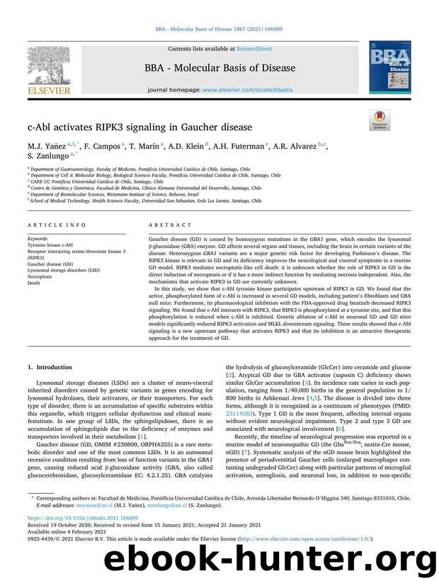 c-Abl activates RIPK3 signaling in Gaucher disease by M.J. Yañez & F. Campos & T. Marín & A.D. Klein & A.H. Futerman & A.R. Alvarez & S. Zanlungo