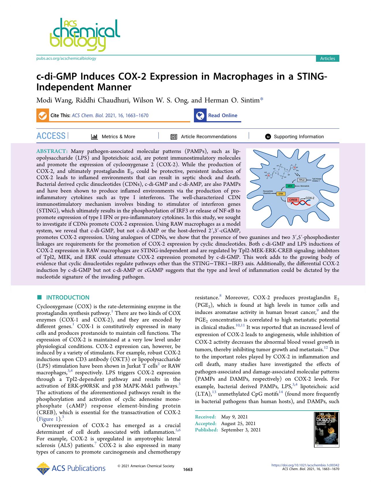 c-di-GMP Induces COX-2 Expression in Macrophages in a STING-Independent Manner by Modi Wang Riddhi Chaudhuri Wilson W. S. Ong and Herman O. Sintim