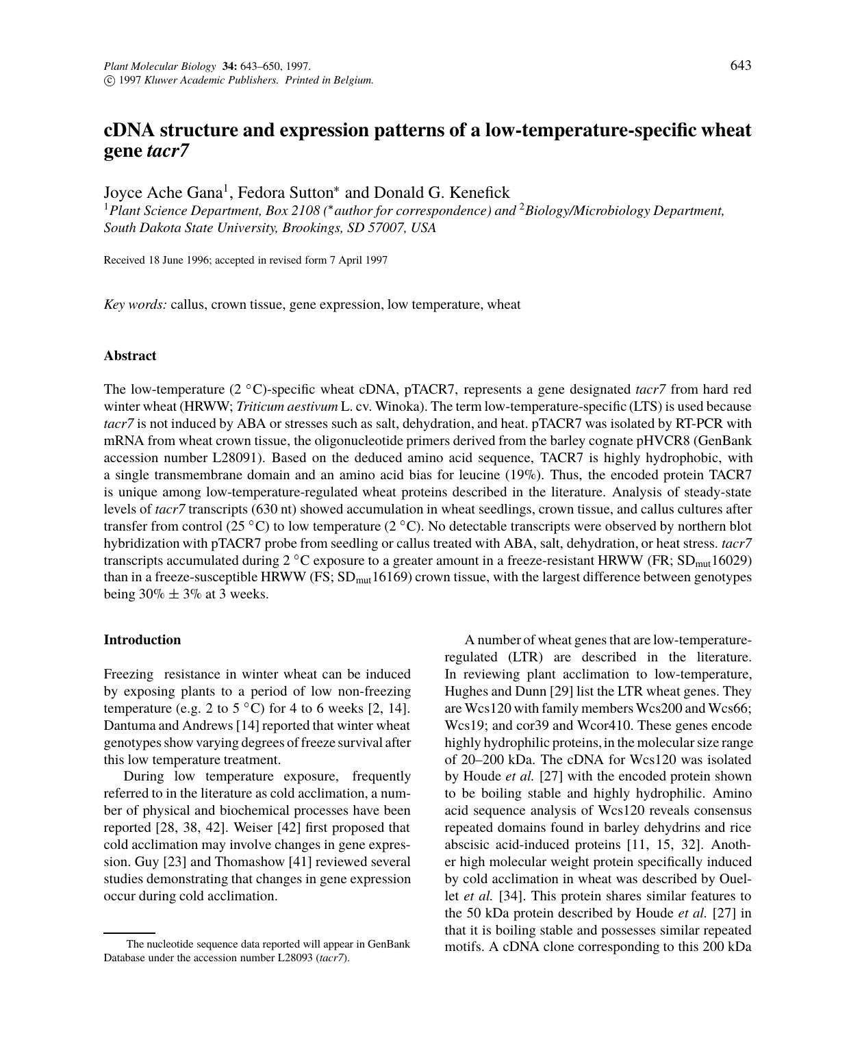 cDNA structure and expression patterns of a low-temperature-specific wheat gene tacr7 by Unknown