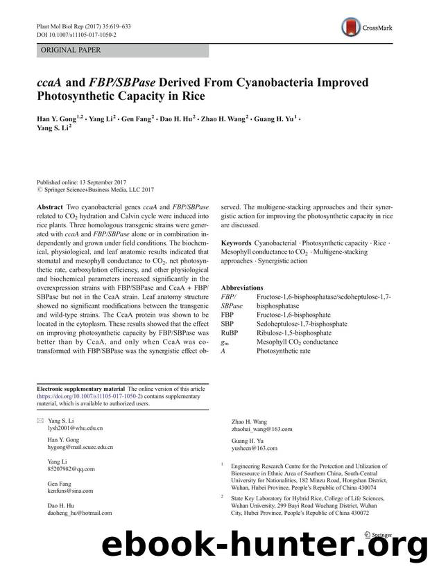 ccaA and FBPSBPase Derived From Cyanobacteria Improved Photosynthetic Capacity in Rice by Han Y. Gong & Yang Li & Gen Fang & Dao H. Hu & Zhao H. Wang & Guang H. Yu & Yang S. Li