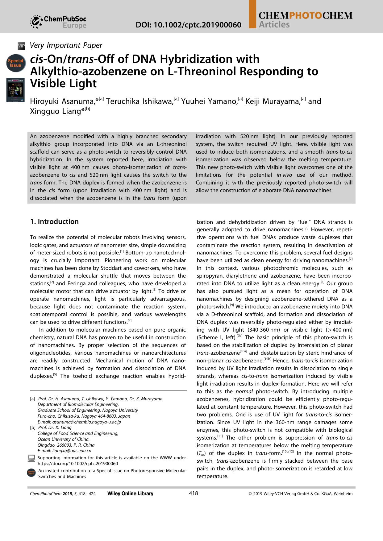 cisâOntransâOff of DNA Hybridization with Alkylthioâazobenzene on LâThreoninol Responding to Visible Light by Unknown