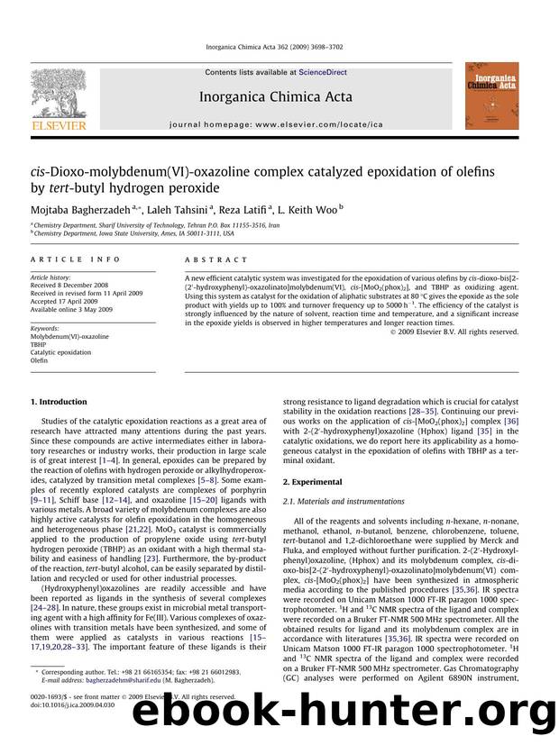 cis-Dioxo-molybdenum(VI)-oxazoline complex catalyzed epoxidation of olefins by tert-butyl hydrogen peroxide by Mojtaba Bagherzadeh; Laleh Tahsini; Reza Latifi; L. Keith Woo