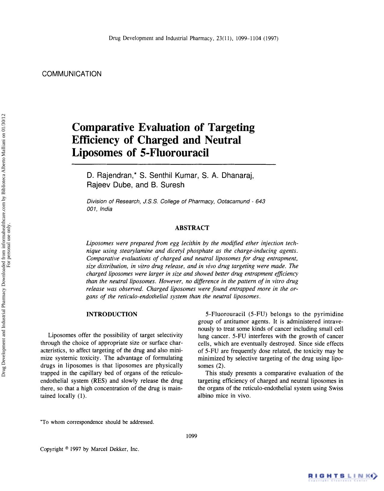 comparative Evaluation of Targeting Efficiency of Charged and Neutral Liposomes of 5-Fluorouracil by D. Rajendran S. Senthil Kumar S. A. Dhanaraj Rajeev Dube & B. Suresh