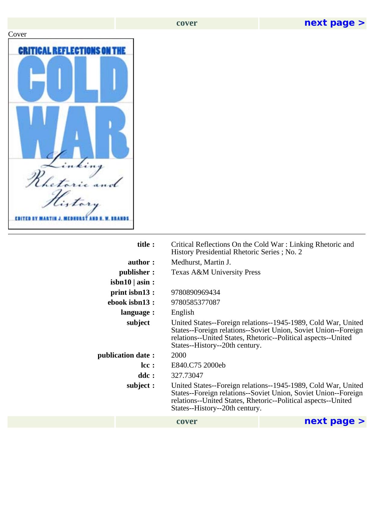 cover by Critical Reflections on the Cold War; Linking Rhetoric & History (2000)