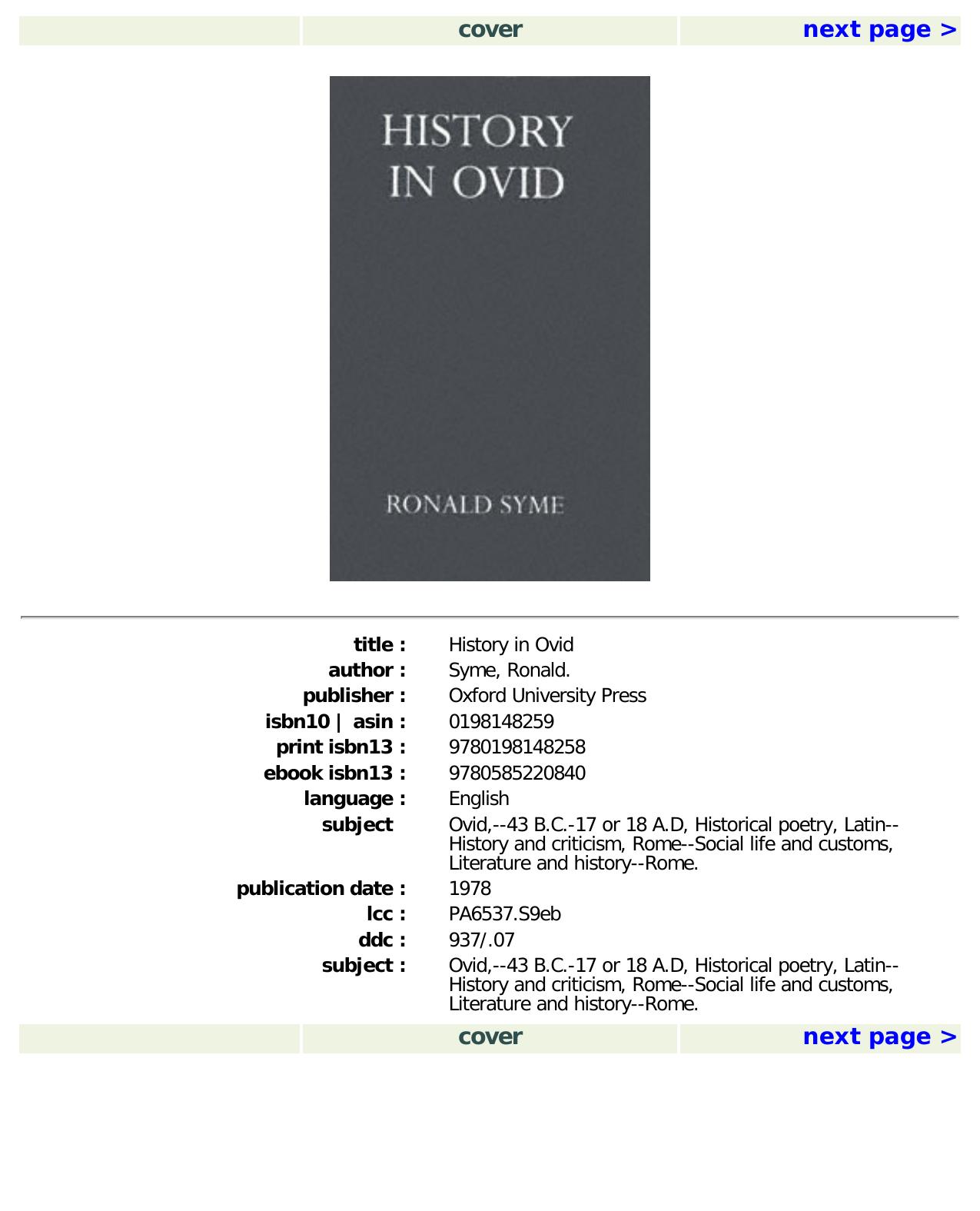 cover by History in Ovid (Oxford University Press Academic Monograph Reprints)-Oxford University Press (1978)