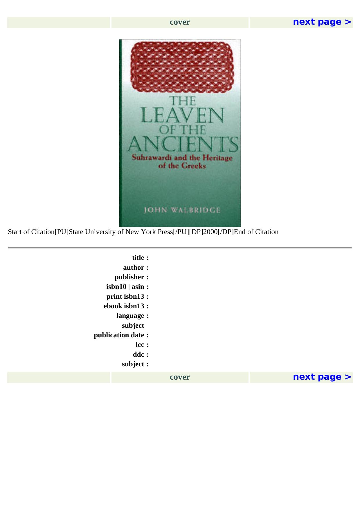 cover by The Leaven of the Ancients; Suhrawardi & the Heritage of the Greeks (2000)