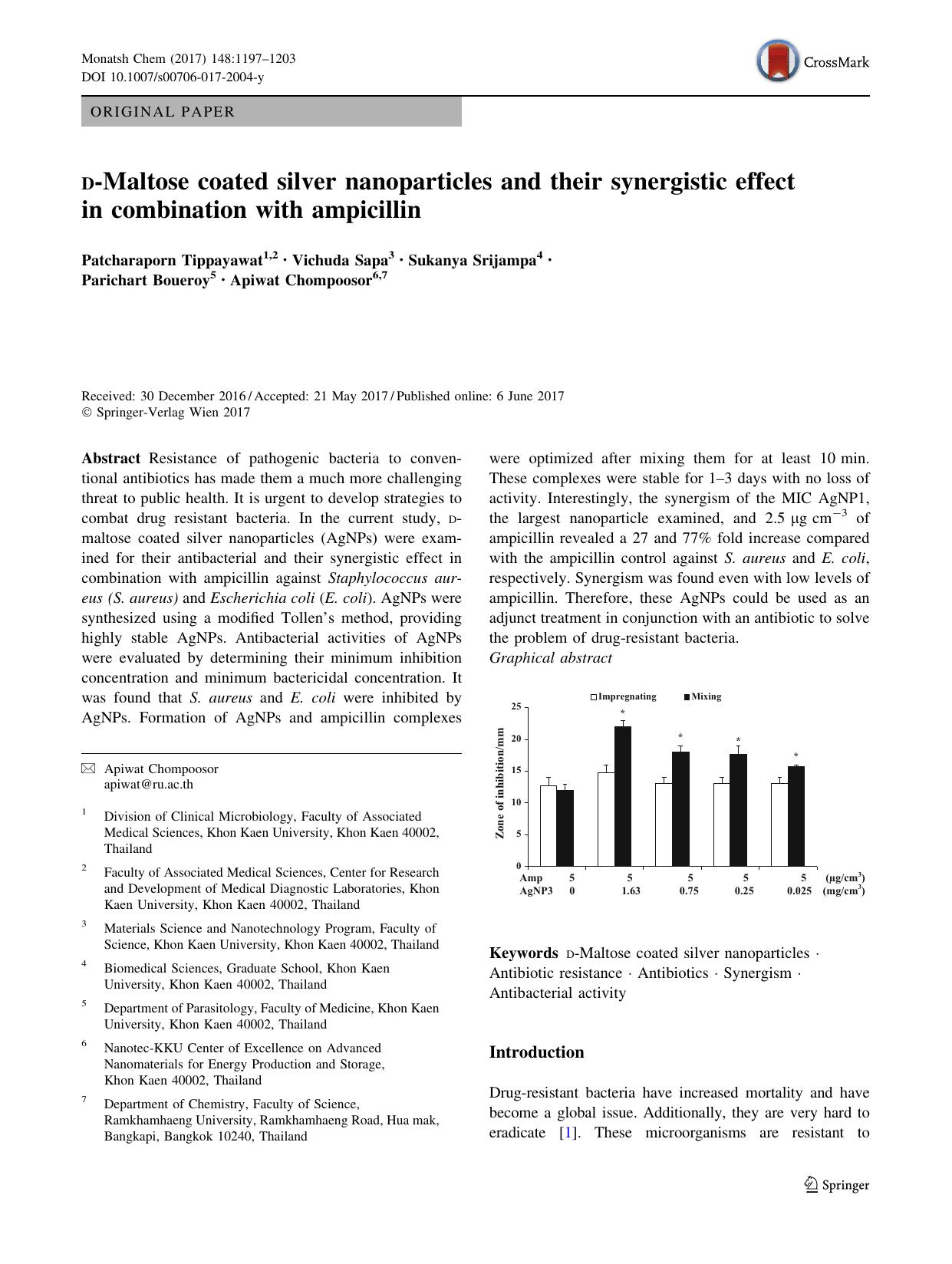 d-Maltose coated silver nanoparticles and their synergistic effect in combination with ampicillin by Patcharaporn Tippayawat & Vichuda Sapa & Sukanya Srijampa & Parichart Boueroy & Apiwat Chompoosor