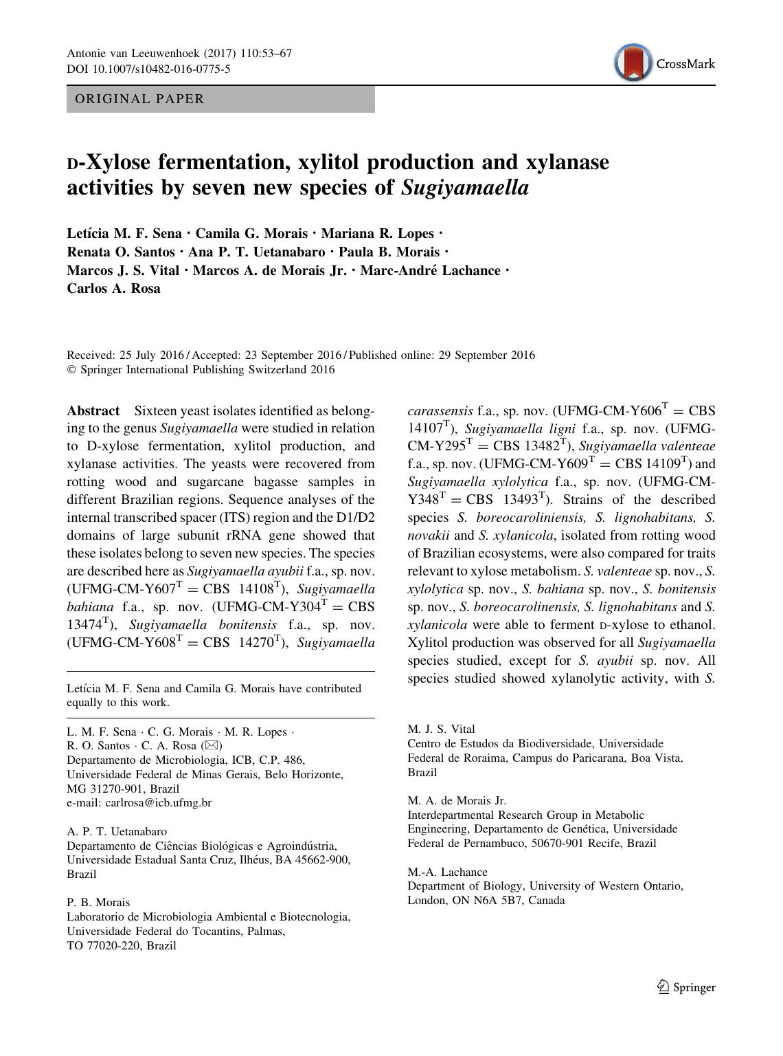 d-Xylose fermentation, xylitol production and xylanase activities by seven new species of Sugiyamaella by unknow