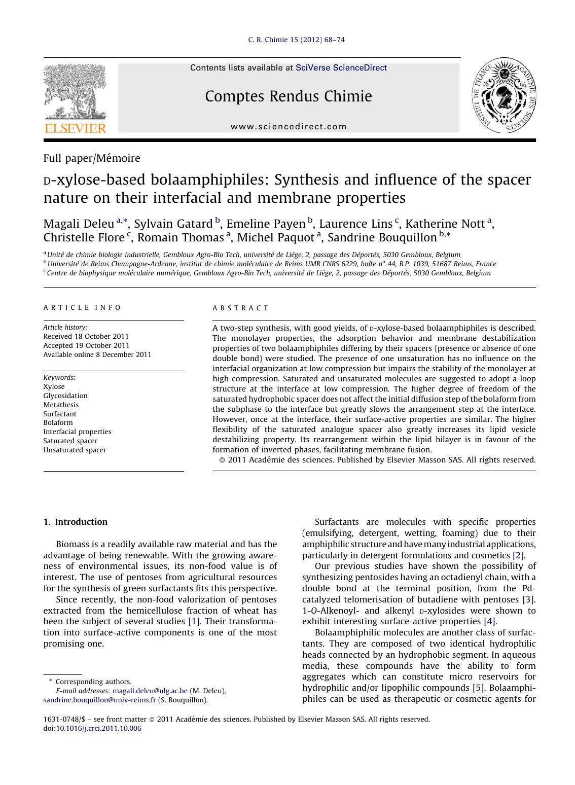 d-xylose-based bolaamphiphiles: Synthesis and influence of the spacer nature on their interfacial and membrane properties by Magali Deleu