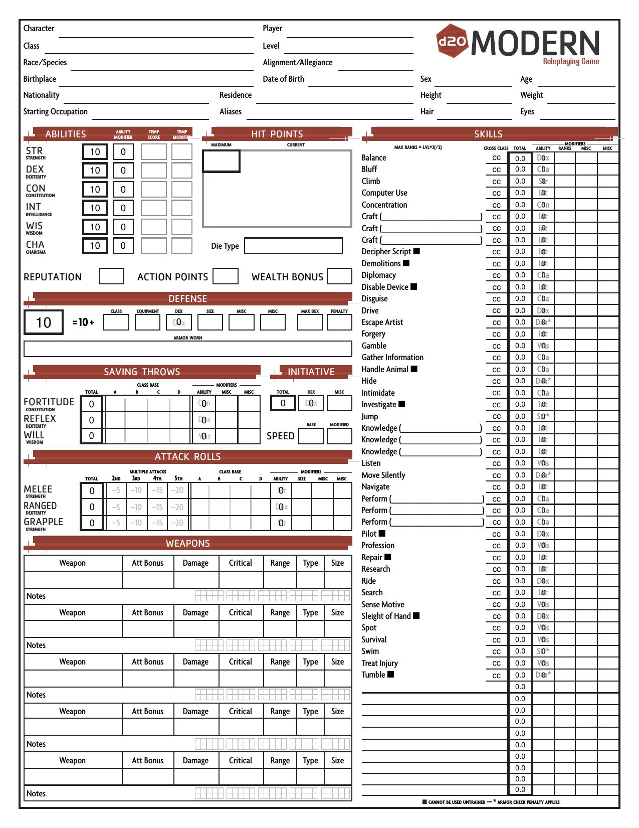 d20 Modern Character Form 2.1 by Patrick Murphy a Mad Irishman Production (www.mad-irishman.net) Form fields by Randy J. Bardy