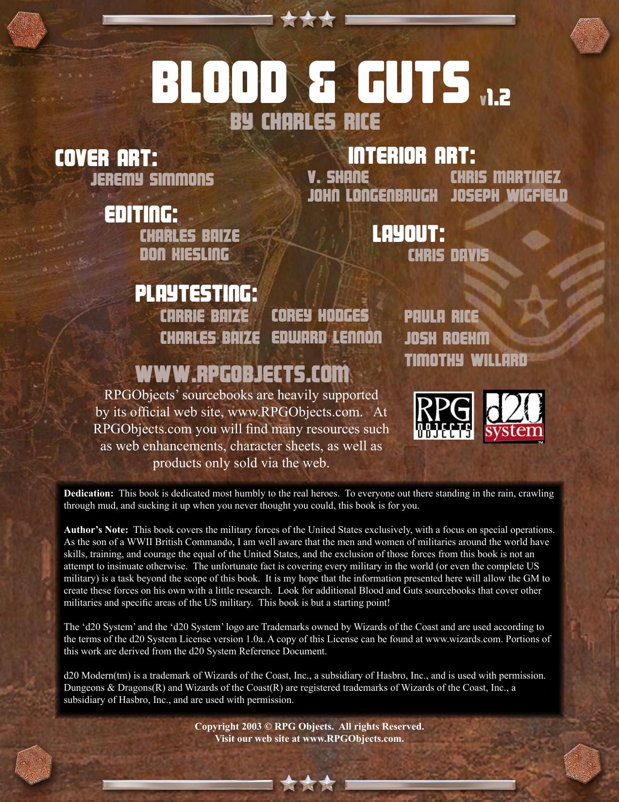 d20 RPG Objects Blood & Guts Modern Military by Unknown