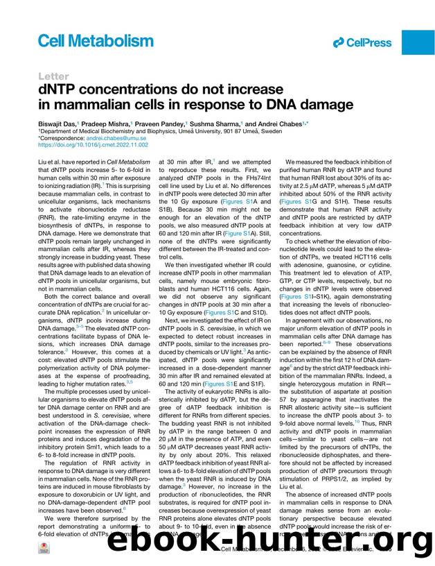 dNTP concentrations do not increase in mammalian cells in response to DNA damage by Biswajit Das & Pradeep Mishra & Praveen Pandey & Sushma Sharma & Andrei Chabes