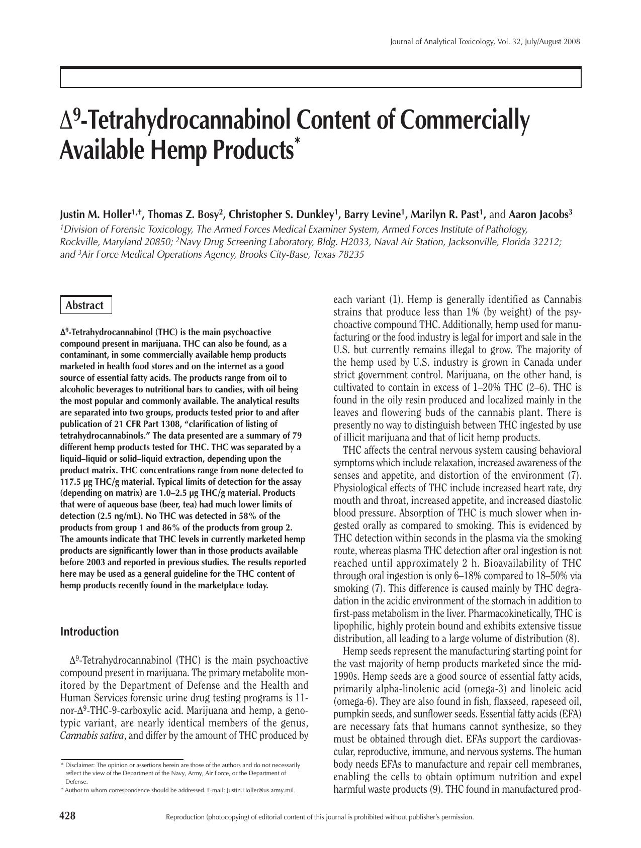 delta9-Tetrahydrocannabinol Content of Commercially Available H by Justin M. Holler