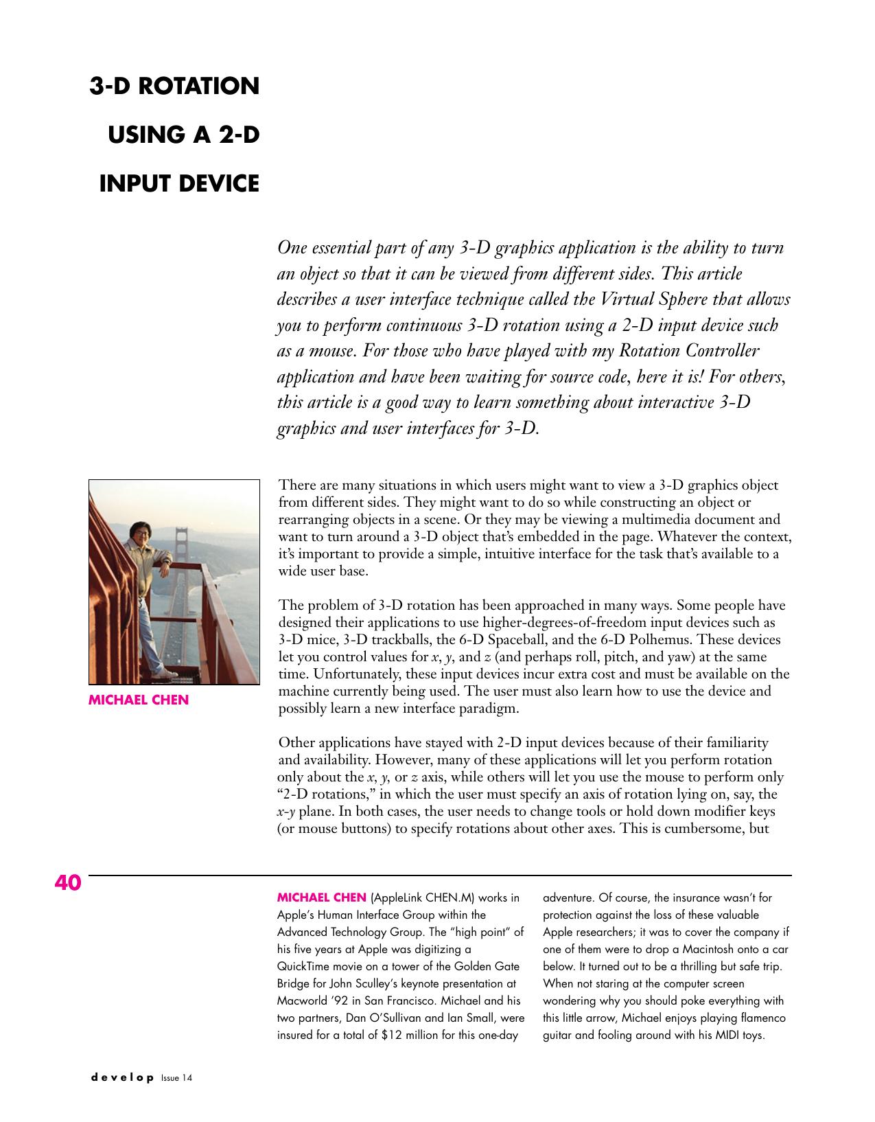 develop Issue 14: 3-D Rotation Using a 2-D Input Device by 3D Rotation & a 2D Input Device