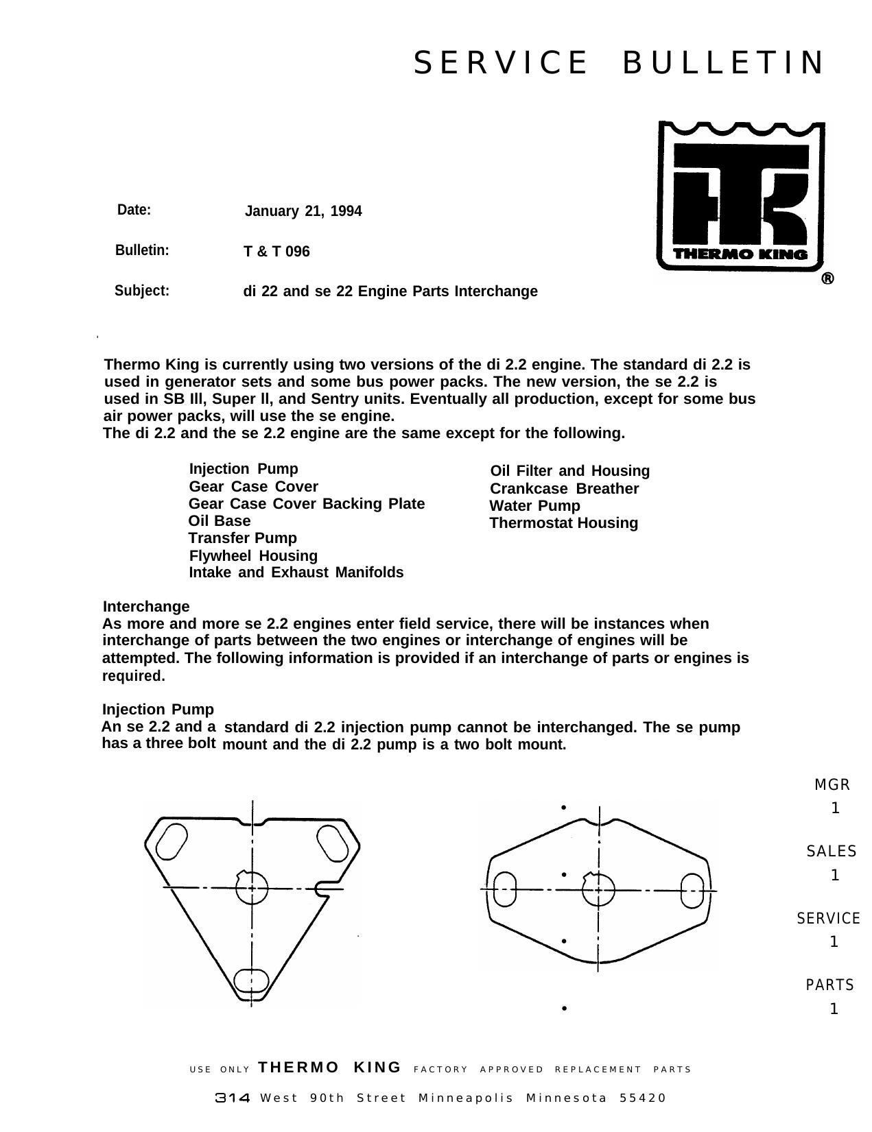 di 2.2 and se 2.2 Engine Parts Interchange by Thermo King Service