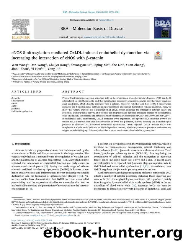 eNOS S-nitrosylation mediated OxLDL-induced endothelial dysfunction via increasing the interaction of eNOS with Î²âcatenin by unknow