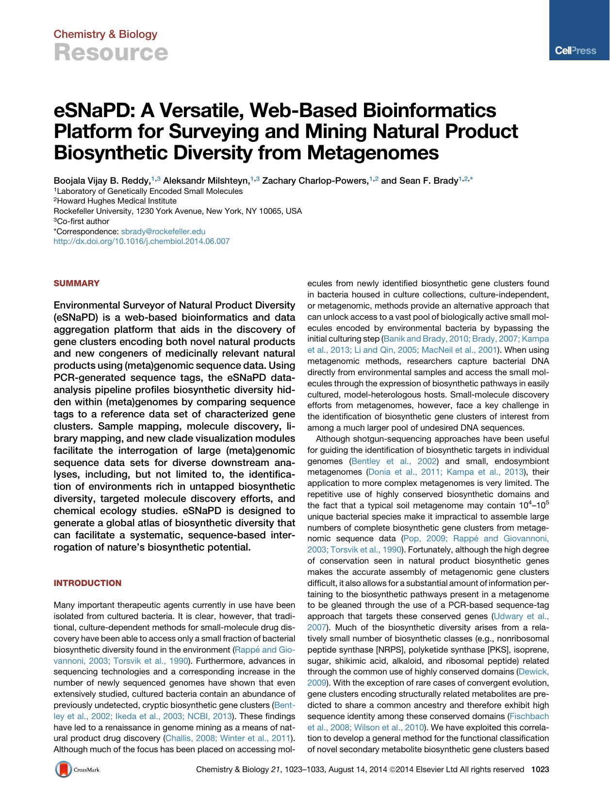eSNaPD: A Versatile, Web-Based Bioinformatics Platform for Surveying and Mining Natural Product Biosynthetic Diversity from Metagenomes by Boojala Vijay B. Reddy & Aleksandr Milshteyn & Zachary Charlop-Powers & Sean F. Brady
