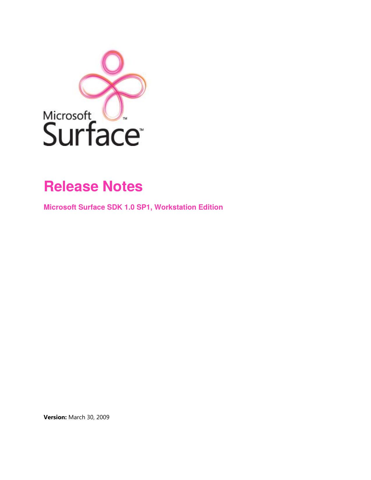 en surface release notes for microsoft surface sdk 1 0 sp1 workstation edition by Unknown