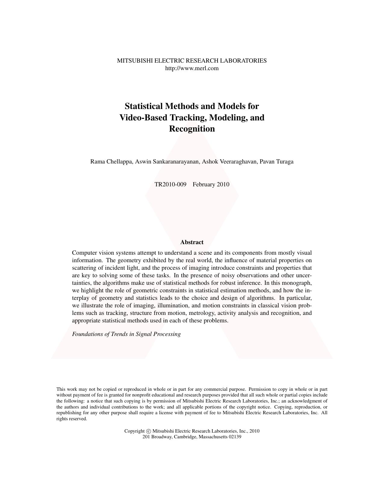 etc. Statistical Methods and Models for Video-Based Tracking, Modeling, and Recognition by Chellappa R