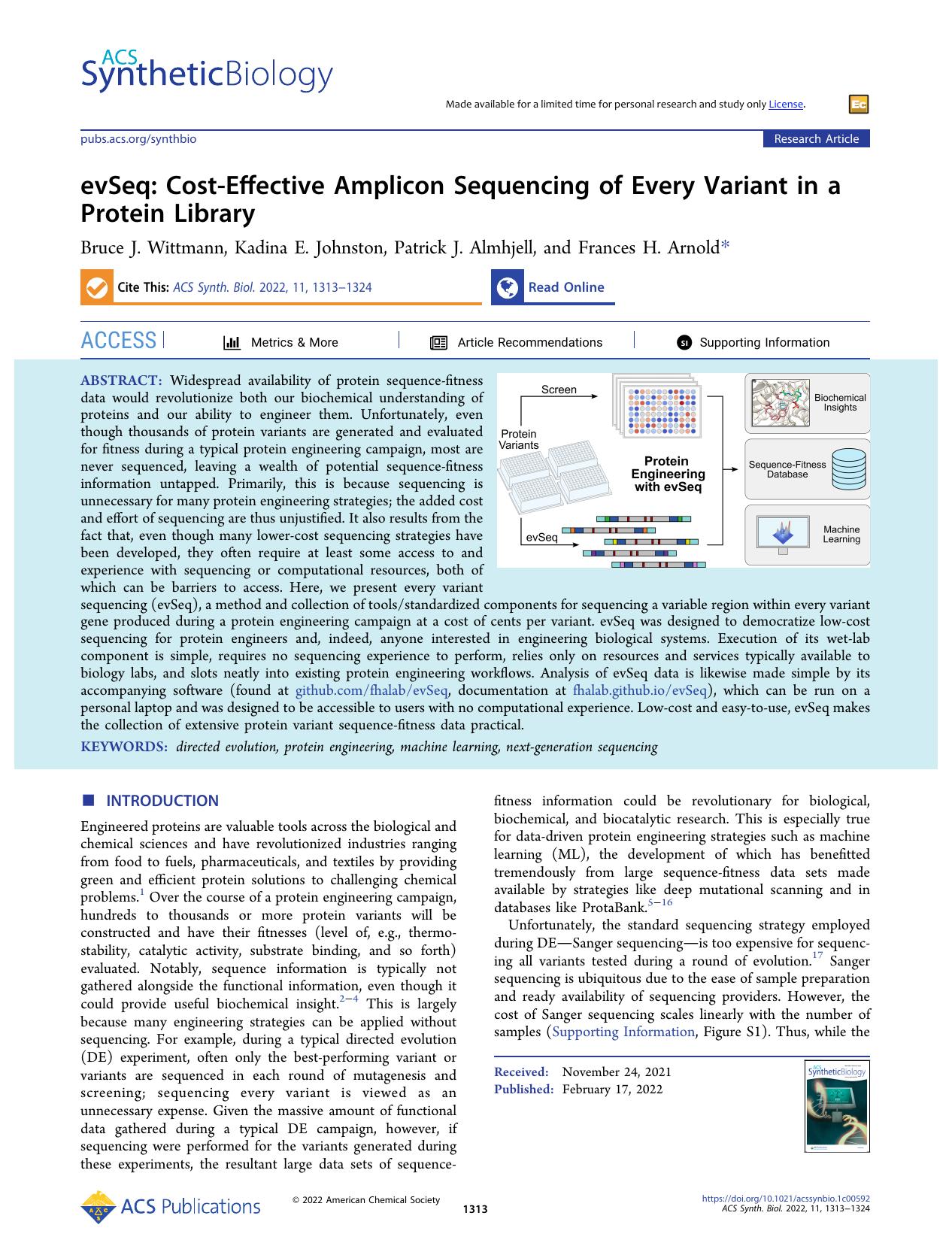 evSeq: Cost-Effective Amplicon Sequencing of Every Variant in a Protein Library by Bruce J. Wittmann Kadina E. Johnston Patrick J. Almhjell and Frances H. Arnold