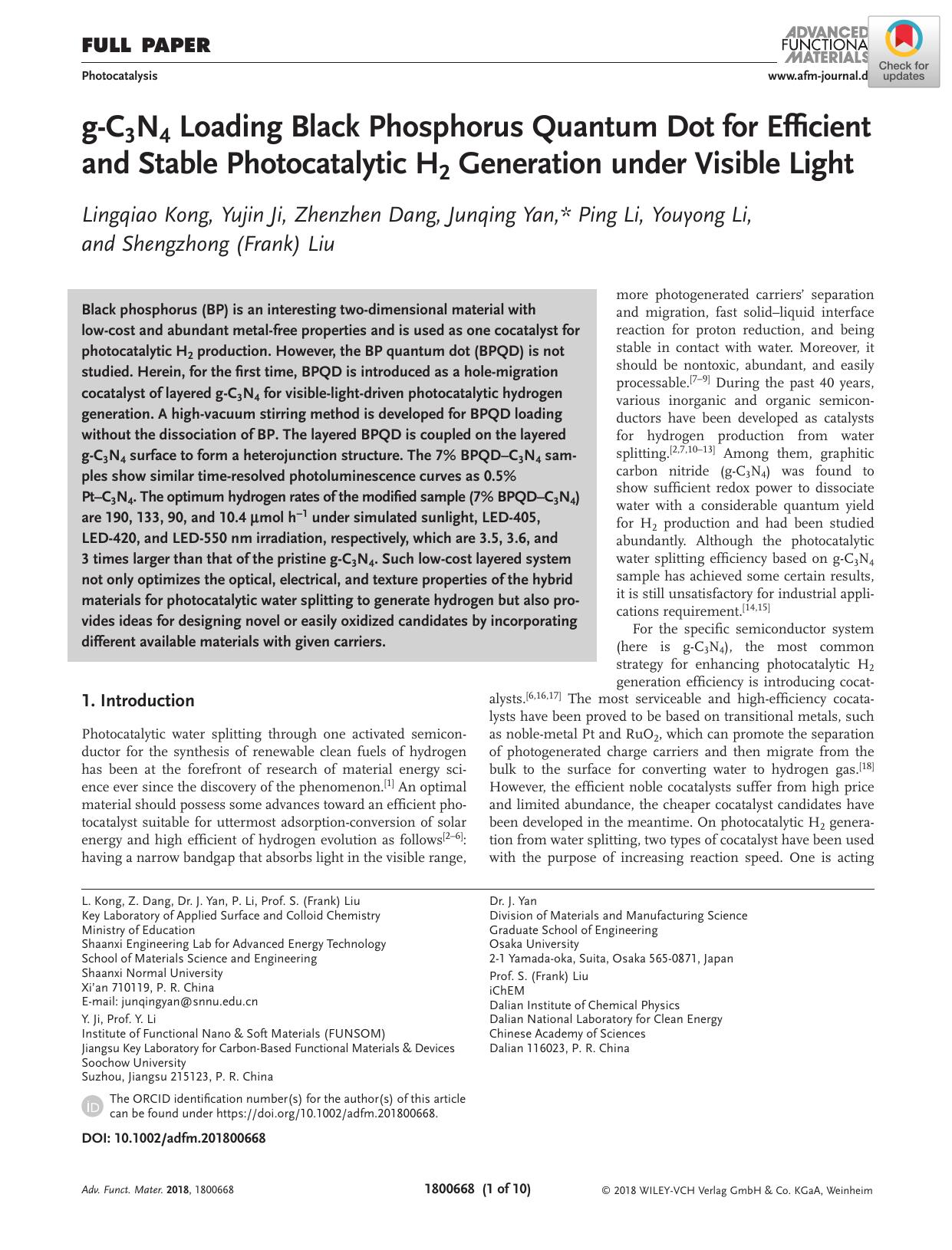gâC3N4 Loading Black Phosphorus Quantum Dot for Efficient and Stable Photocatalytic H2 Generation under Visible Light by Unknown