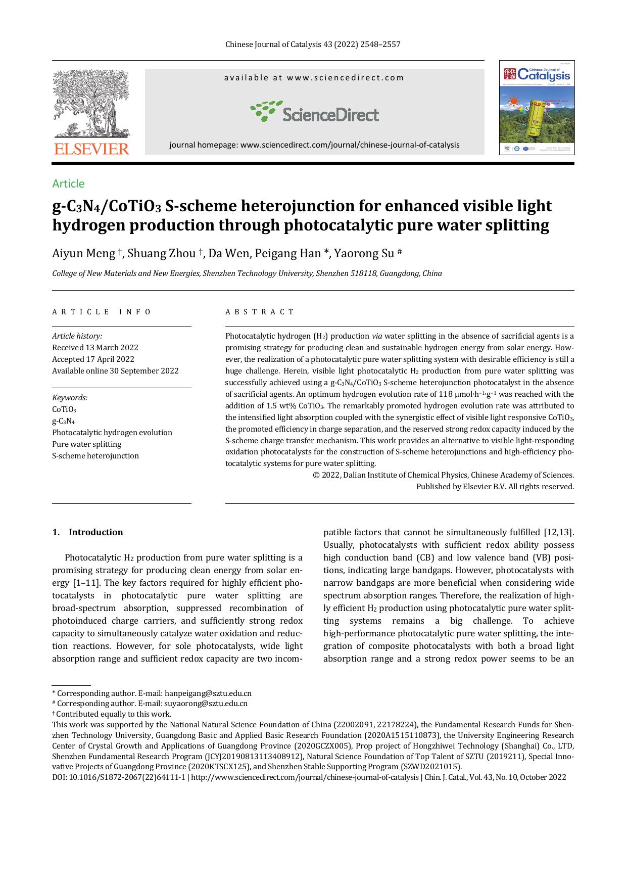 g-C3N4CoTiO3 S-scheme heterojunction for enhanced visible light hydrogen production through photocatalytic pure water splitting by Aiyun Meng & Shuang Zhou & Da Wen & Peigang Han & Yaorong Su
