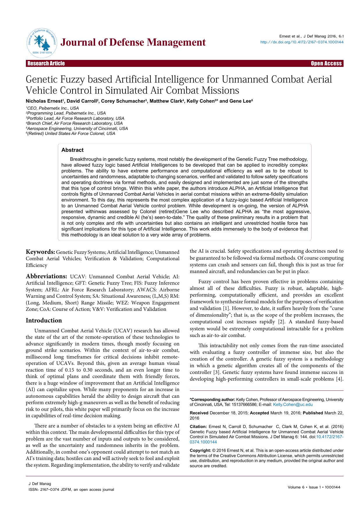genetic fuzzy based artificial intelligence for unmanned combat aerialvehicle control in simulated-air combat missions by Ernest et al