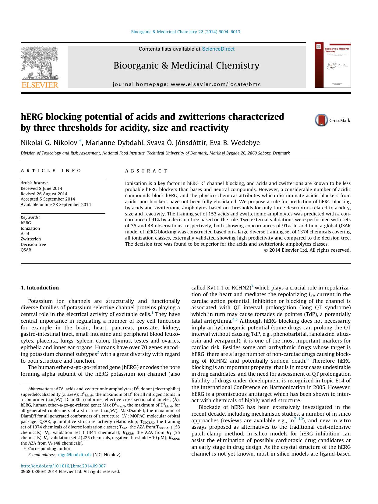hERG blocking potential of acids and zwitterions characterized by three thresholds for acidity, size and reactivity by Nikolai G. Nikolov & Marianne Dybdahl & Svava Ó. Jónsdóttir & Eva B. Wedebye