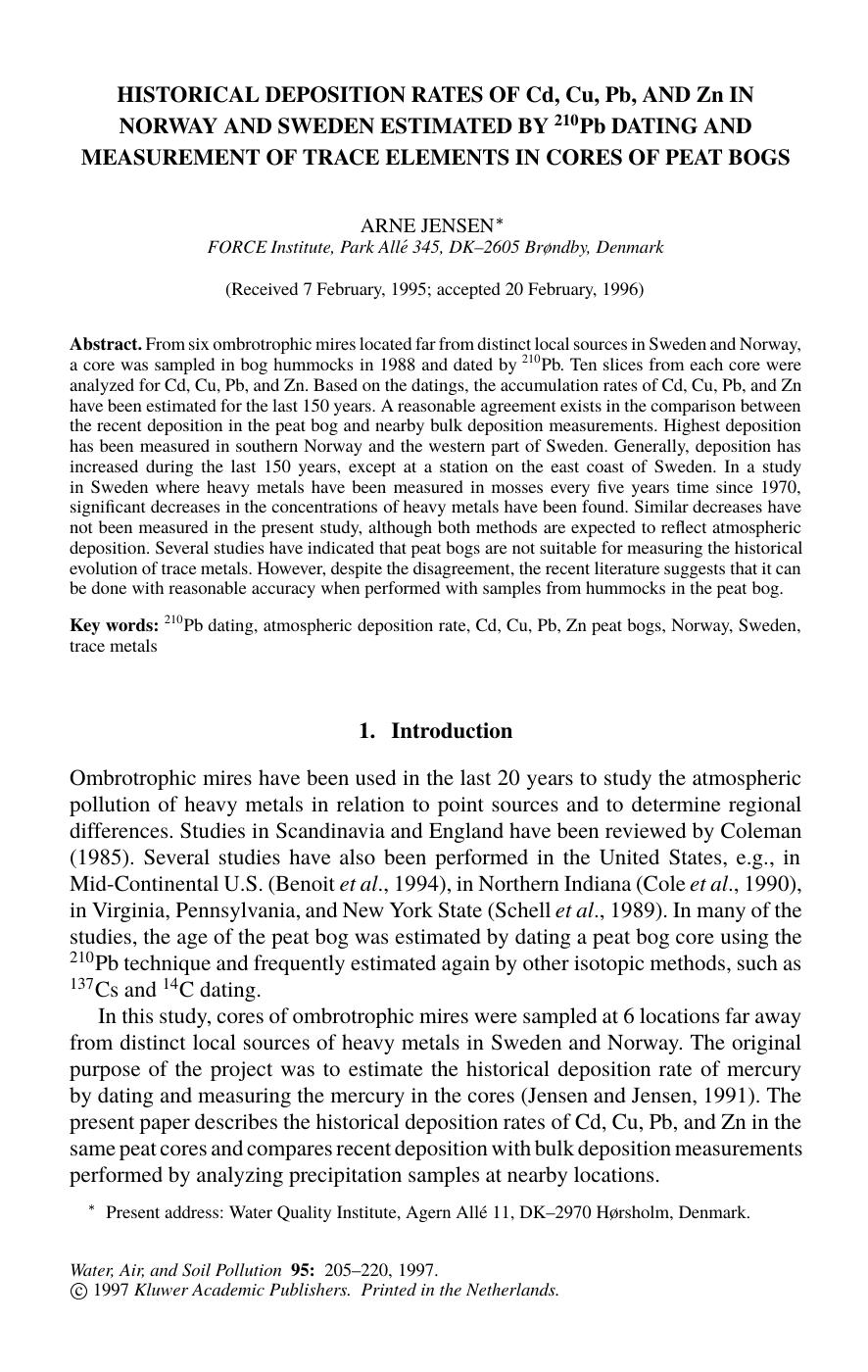 historical deposition rates of Cd, Cu, Pb, and Zn in Norway and Sweden estimated by 210Pb dating and measurement of trace elements in cores of peat bogs by Unknown