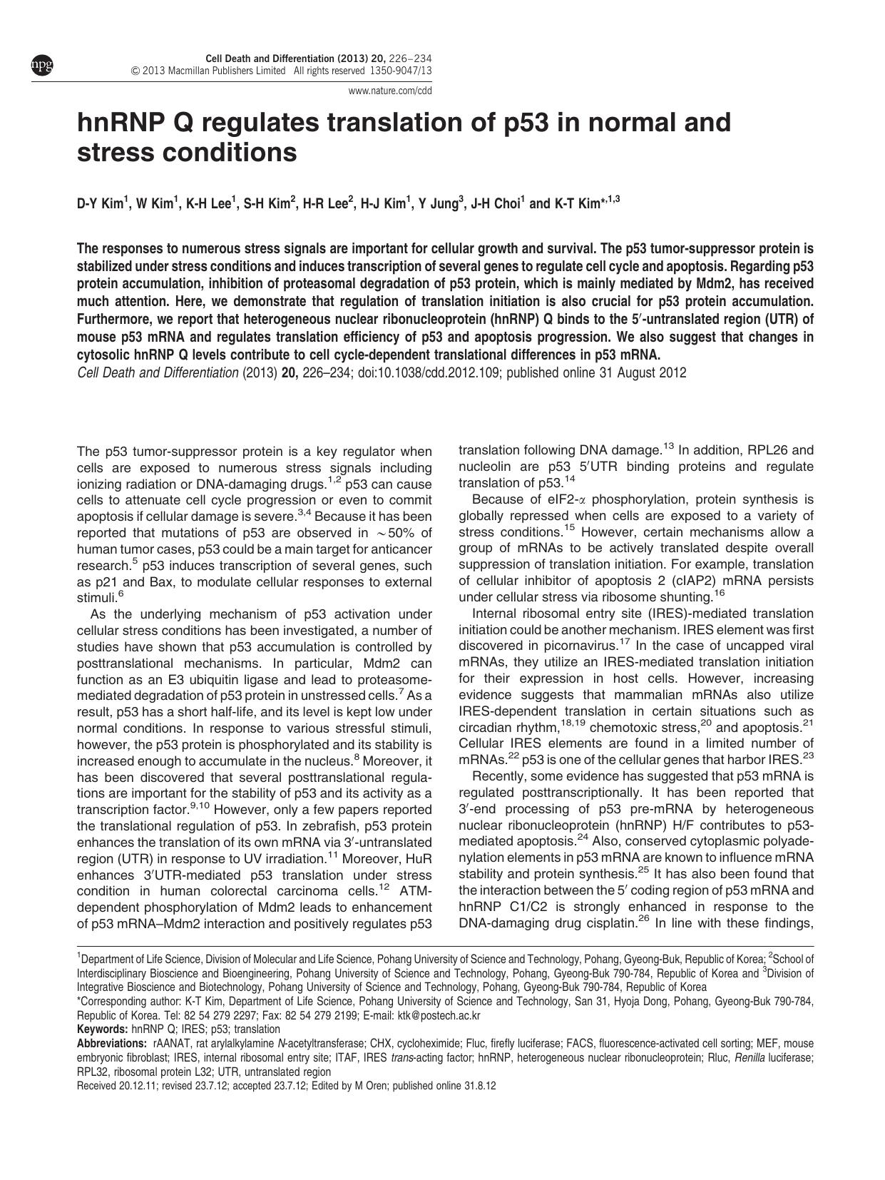 hnRNP Q regulates translation of p53 in normal and stress conditions by D-Y Kim & W Kim & K-H Lee & S-H Kim & H-R Lee & H-J Kim & Y Jung & J-H Choi & K-T Kim &