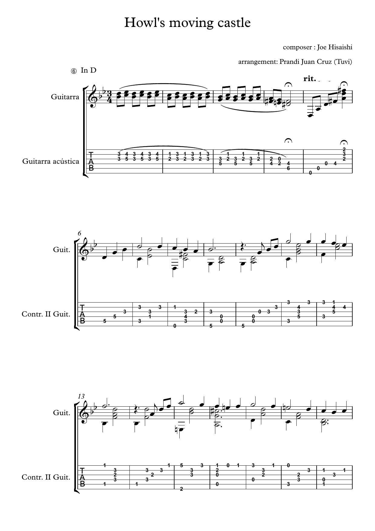 howls moving castle by Main theme (Classical guitar) sheet TAB