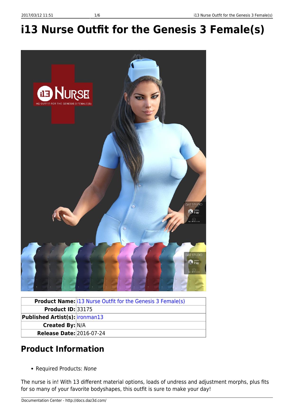 i13 Nurse Outfit for the Genesis 3 Female(s) by Unknown