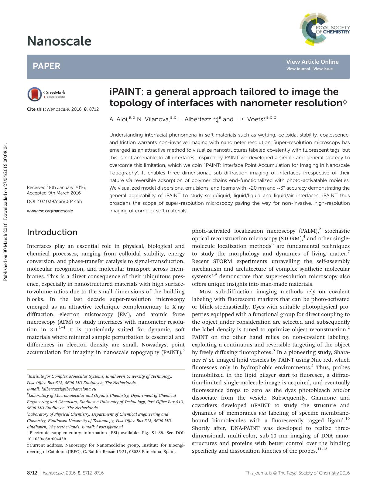 iPAINT: a general approach tailored to image the topology of interfaces with nanometer resolution by A. Aloi N. Vilanova L. Albertazzi I. K. Voets