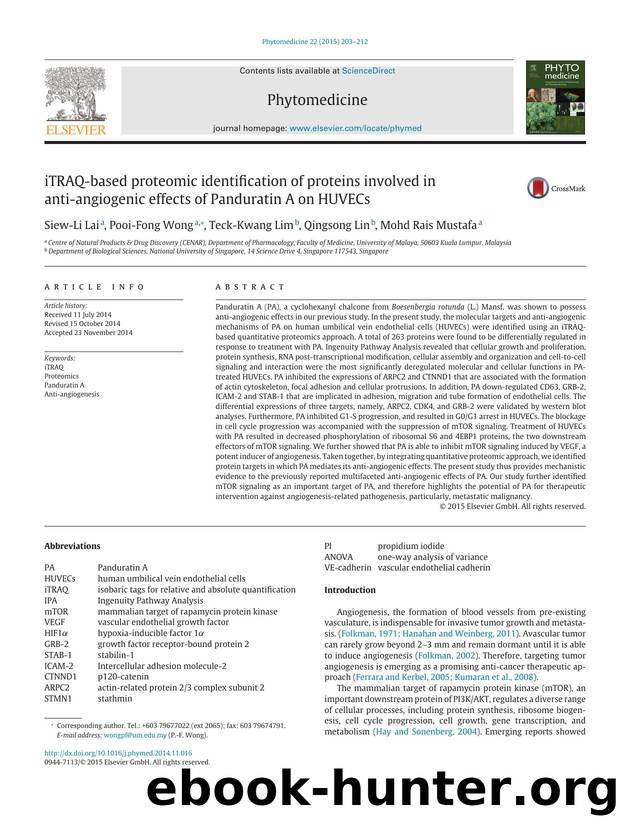 iTRAQ-based proteomic identification of proteins involved in anti-angiogenic effects of Panduratin A on HUVECs by Siew-Li Lai & Pooi-Fong Wong & Teck-Kwang Lim & Qingsong Lin & Mohd Rais Mustafa