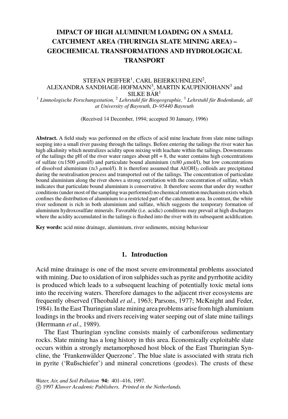 impact of high aluminium loading on a small catchment area (thuringia slate mining area) – geochemical transformations and hydrological transport by Unknown