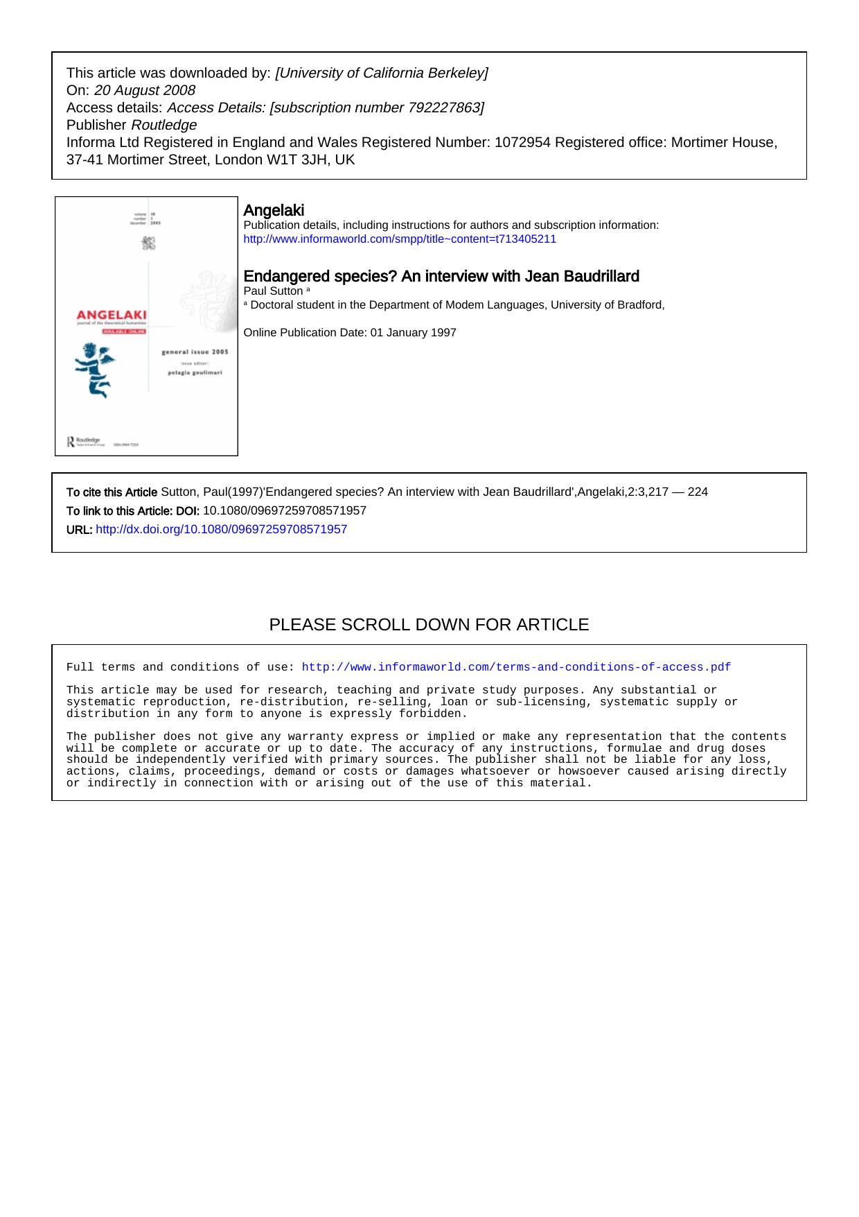 jean Baudrillard & Paul Sutton- Endangered Species by An Interview & Jean Baudrillard