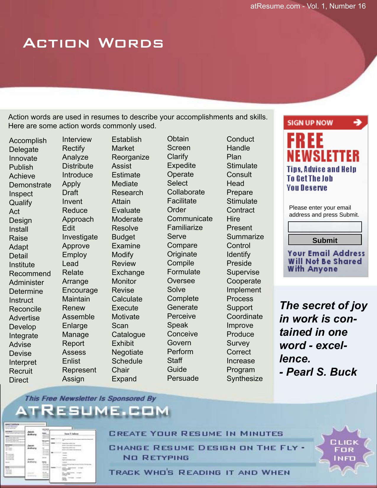 job help by action words for resumes