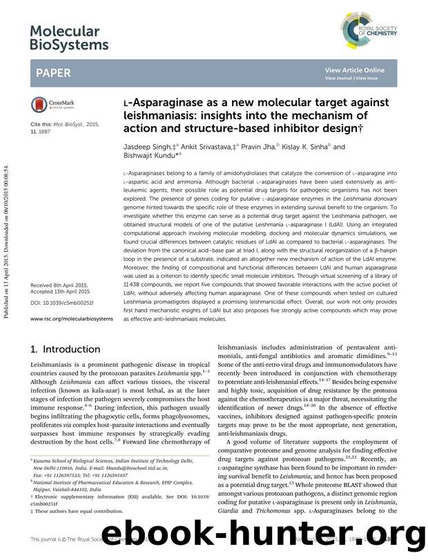 l-Asparaginase as a new molecular target against leishmaniasis: insights into the mechanism of action and structure-based inhibitor design by Jasdeep Singh & Ankit Srivastava & Pravin Jha & Kislay K. Sinha & Bishwajit Kundu